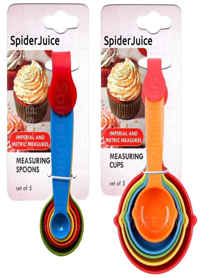 SpiderJuice 10Pc Multicolor Stackable Plastic Measuring 5 Cups and 5 Spoon with Ring Holder for Measuring Wet & Dry Food Ingredients Baking Cooking Kitchen Tool Kit Set for Home Kitchen Hotel - Image 1